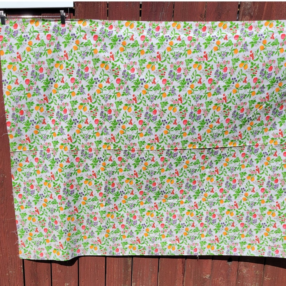 Vintage Fruit Floral Print Cotton Fabric White Multi Berry Cherry Peach 75x42in - Picture 2 of 5